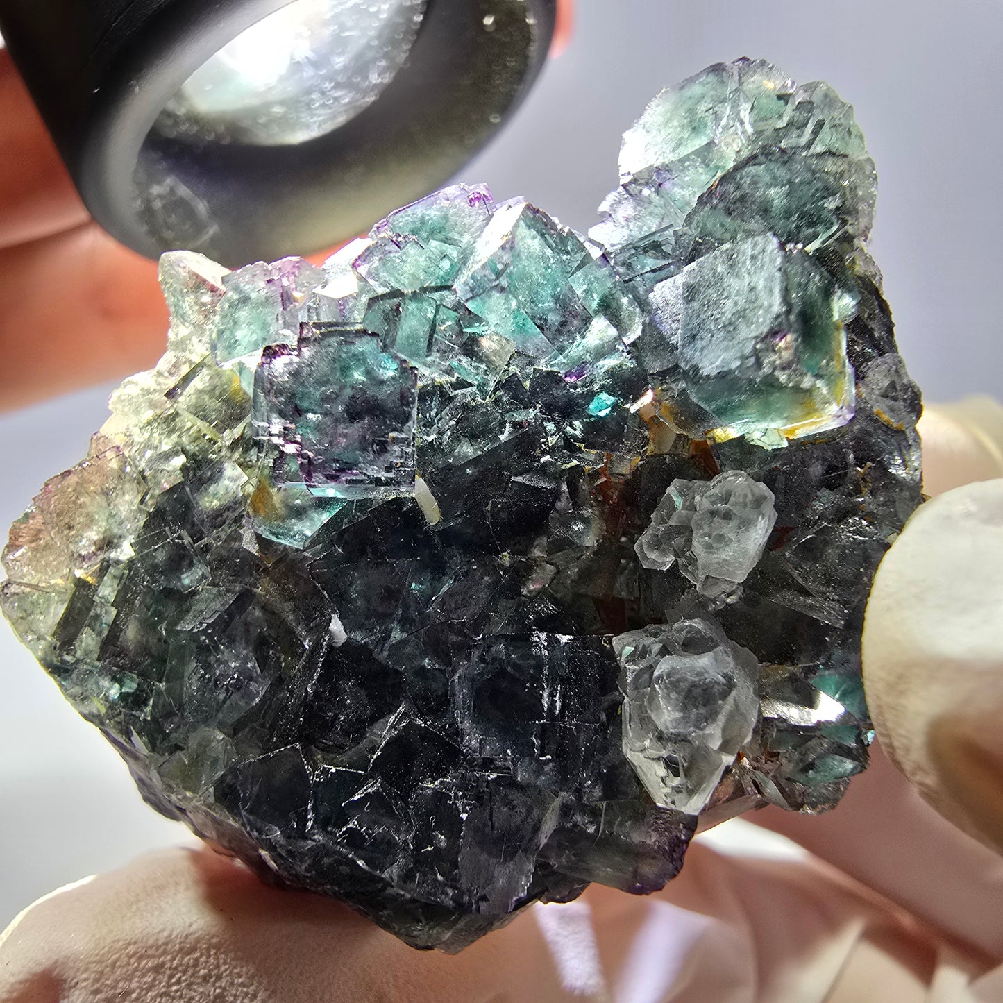 Rare cube de fluorite fantôme, spécimen de quartz vert violet Okorusu Namibie 43*33*26mm
