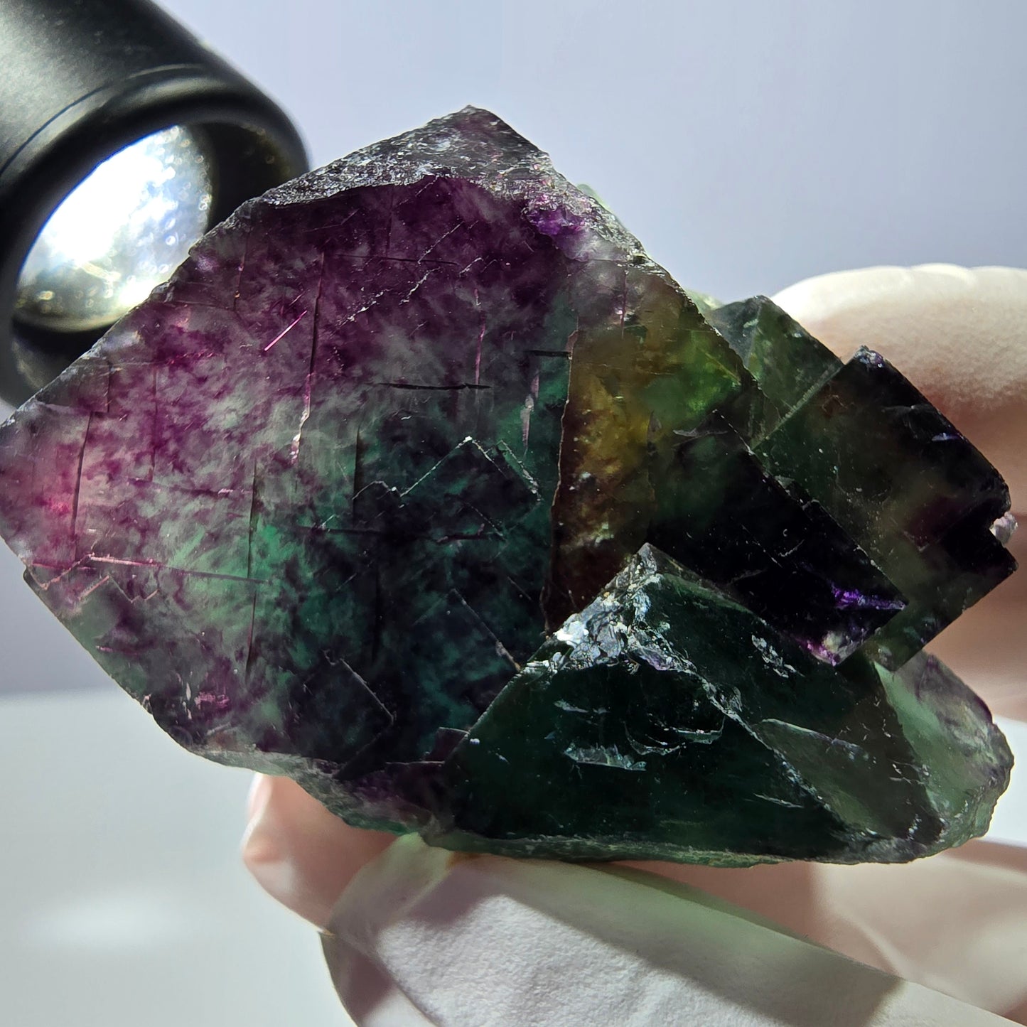 Spécimen de cube de fluorite fantôme parqueté vert violet Okorusu, Namibie 46*38*32mm
