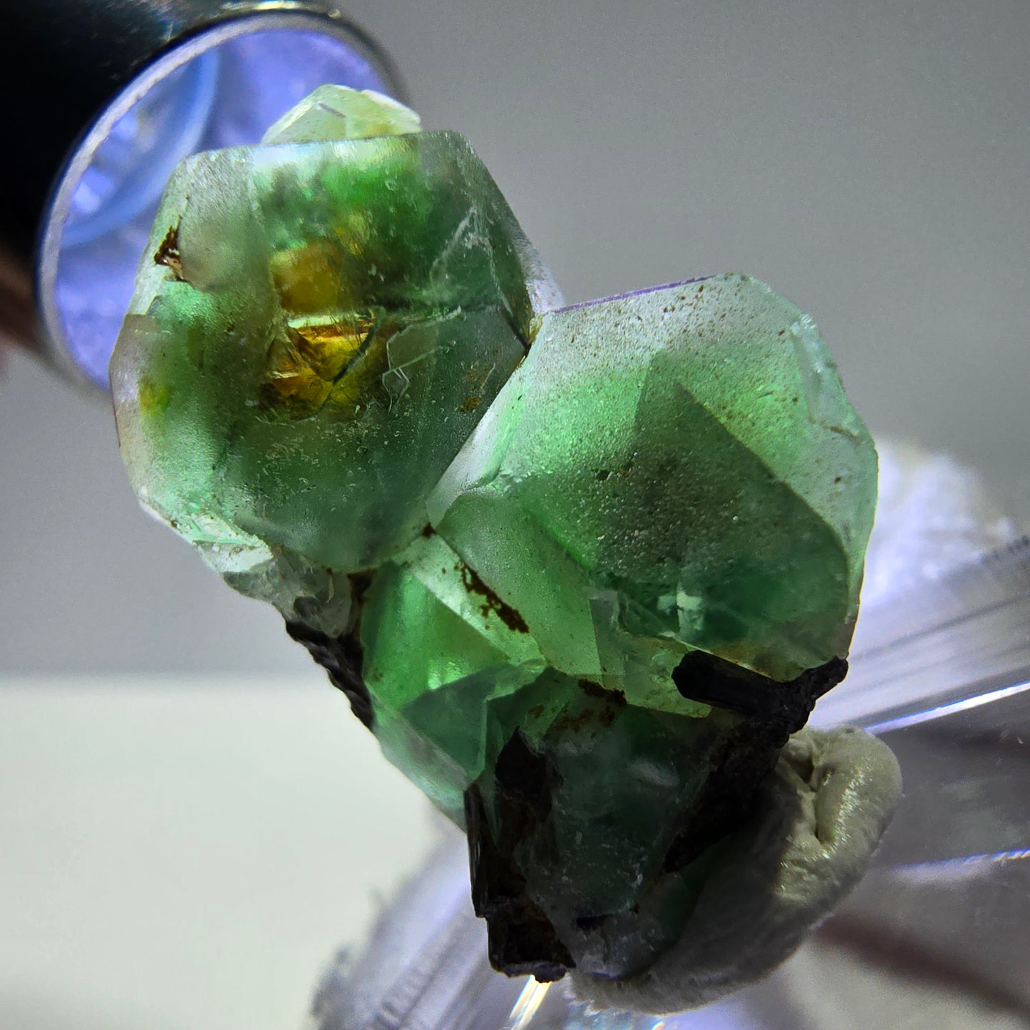 Spécimen de tourmaline Schorl hexagonale en cube de fluorite fantôme, Erongo, Namibie, 26 x 19 x 12 mm