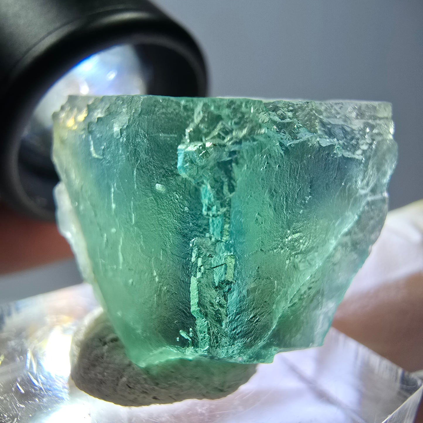 Cube de fluorite fantôme transparente parquetée, vert Okorusu, Namibie 21 x 21 x 19 mm