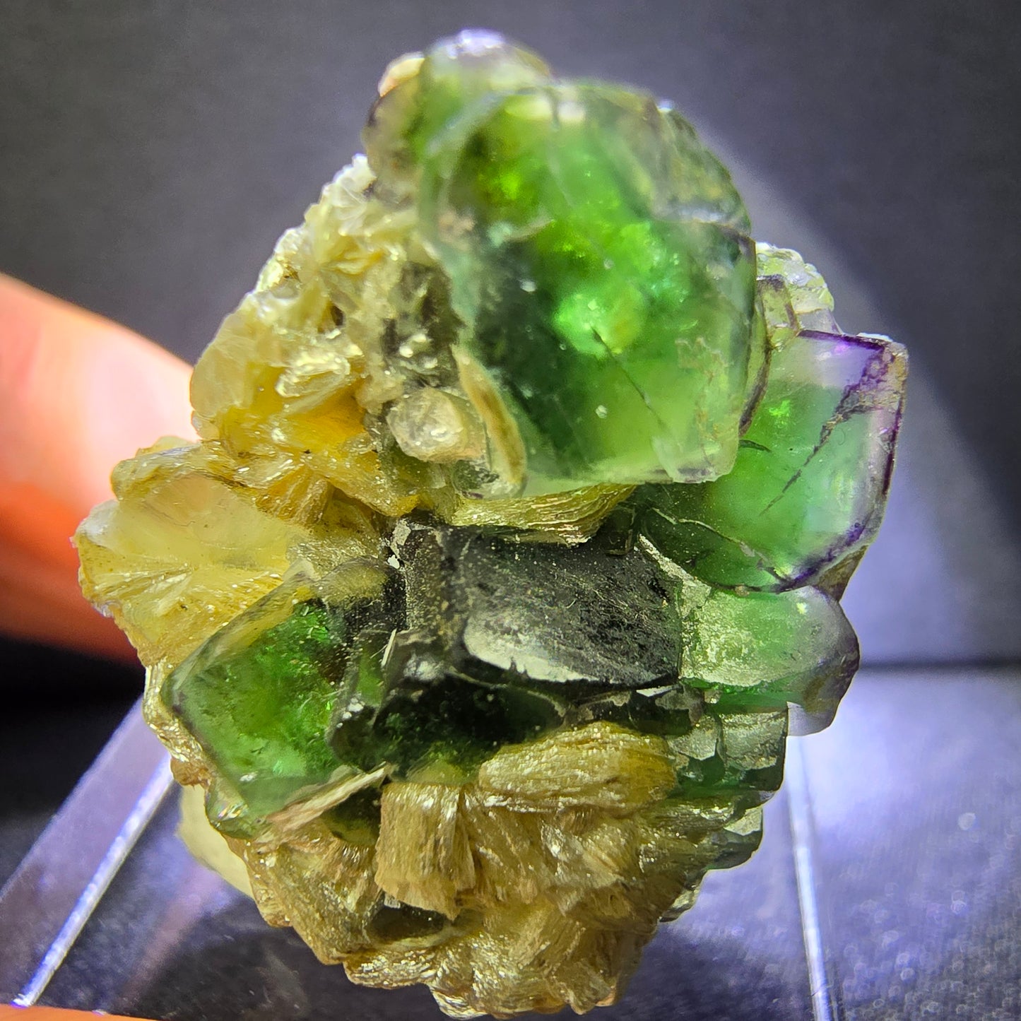 Klare Fluorit mit Muskovit grün 27*23*19mm Erongo, Namibia Mineraliensammlung