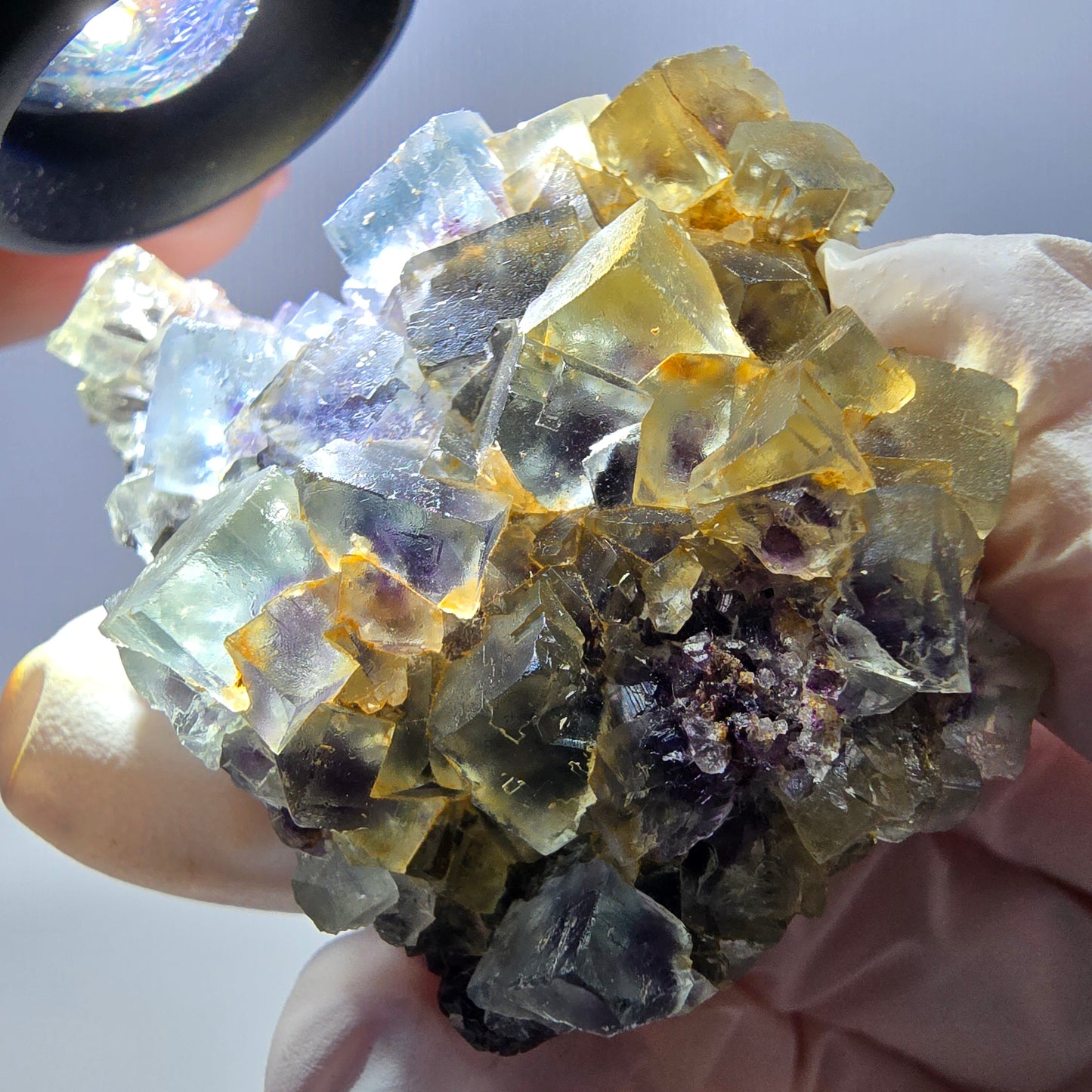 Spécimen de cube de fluorite fantôme transparente, vert-violet, Okorusu, Namibie, 54 x 41 x 22 mm