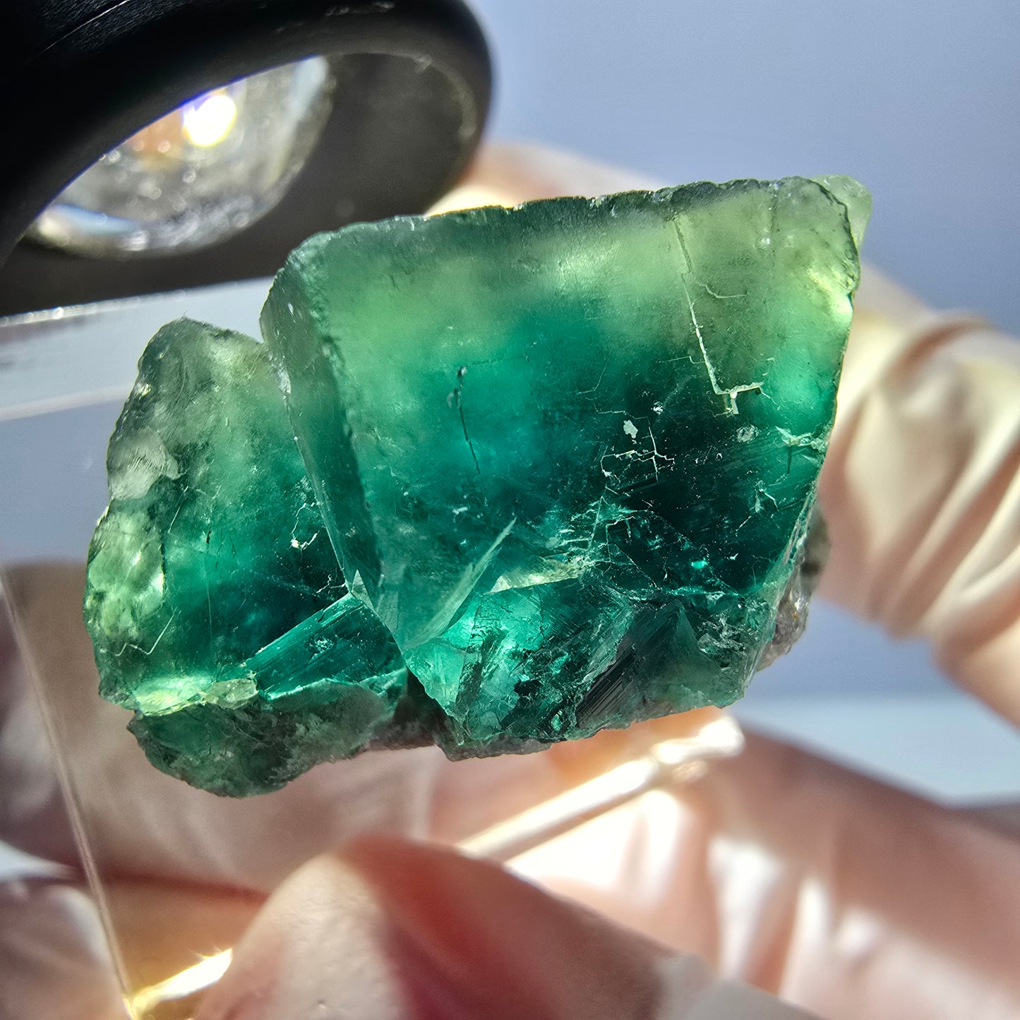 Spécimen de cube de fluorite fantôme, vert violet, Okorusu, Namibie, 27 x 22 x 15 mm