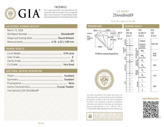 Natürlicher 0.90ct GIA Diamant | Farbe E | Reinheit SI1 | Rundschliff | VG EX EX #D10474
