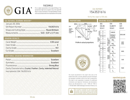 Natürlicher 0.50ct GIA Diamant | Farbe E | Reinheit VS1 | Rundschliff | EX EX EX #D10478
