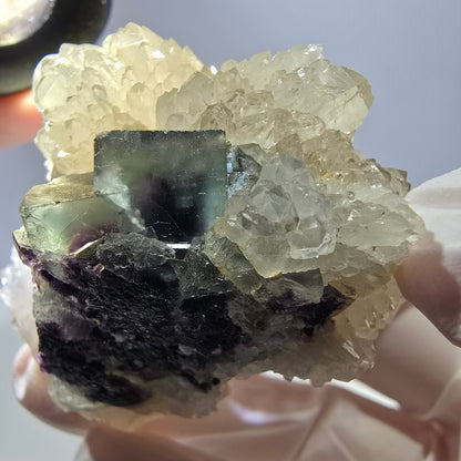 Rare cube de fluorite fantôme, spécimen de quartz vert violet Okorusu Namibie 53*49*38mm 