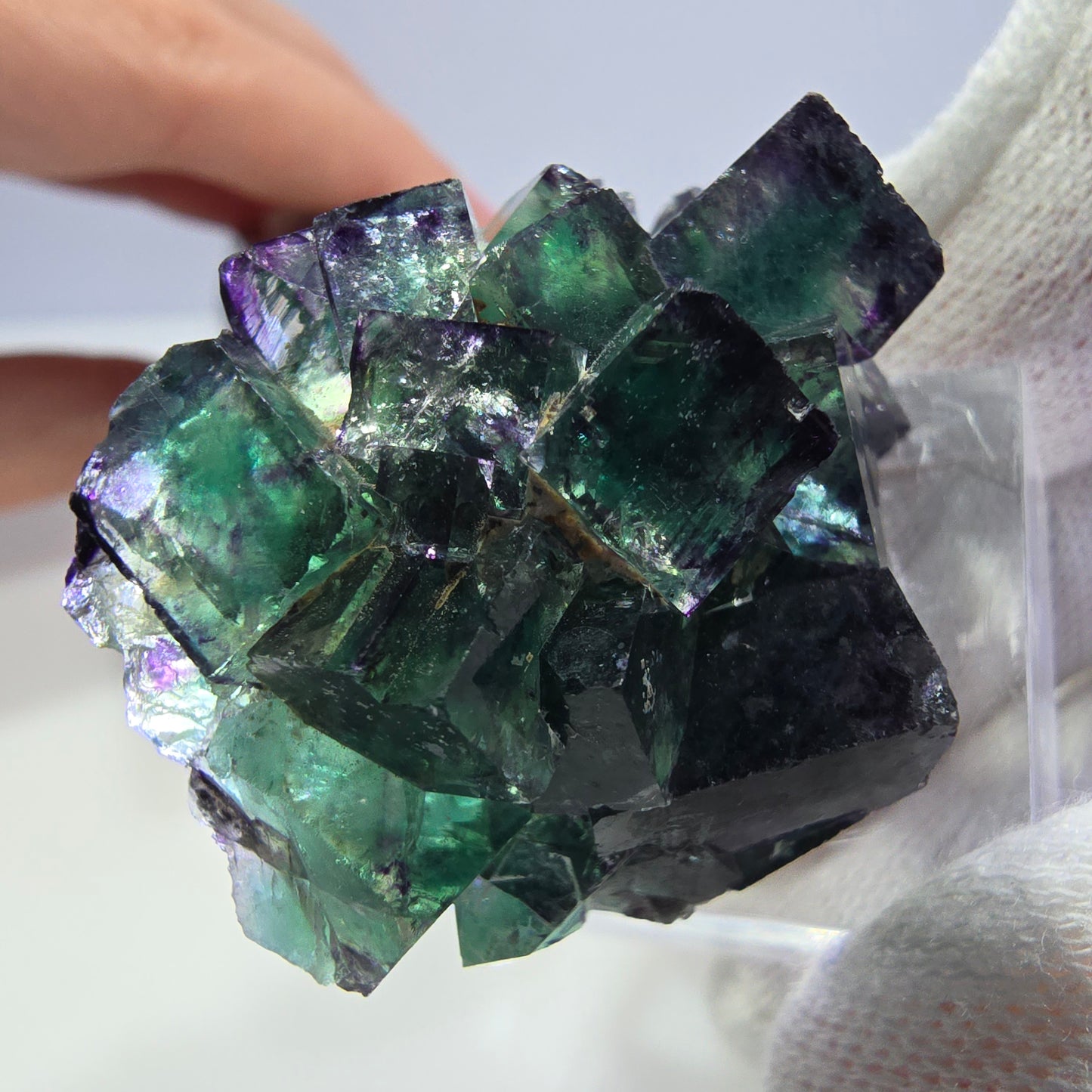 Klare Phantom Fluorit Würfel Stufe zonal grün lila Okorusu, Namibia 43*35*19mm