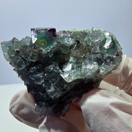 Spécimen de cube de fluorite fantôme, vert-violet zonal, Okorusu, Namibie, 35 x 35 x 28 mm 