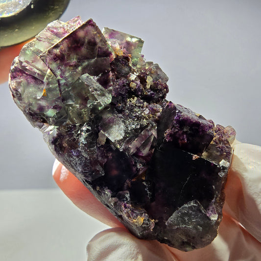 Spécimen de cube de fluorite fantôme parqueté vert violet Okorusu, Namibie 49*27*17mm 