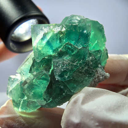 Spécimen de cube de fluorite fantôme transparente, vert parqueté, Okorusu, Namibie, 46 x 31 x 30 mm 