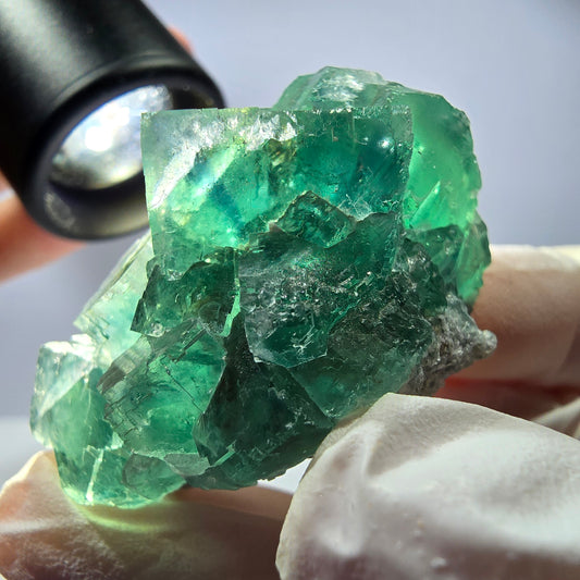 Spécimen de cube de fluorite fantôme transparente, vert parqueté, Okorusu, Namibie, 46 x 31 x 30 mm 
