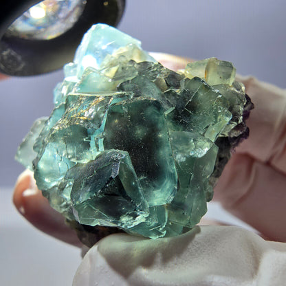 Spécimen de cube de fluorite fantôme transparente, vert parqueté, Okorusu, Namibie, 47 x 32 x 22 mm 