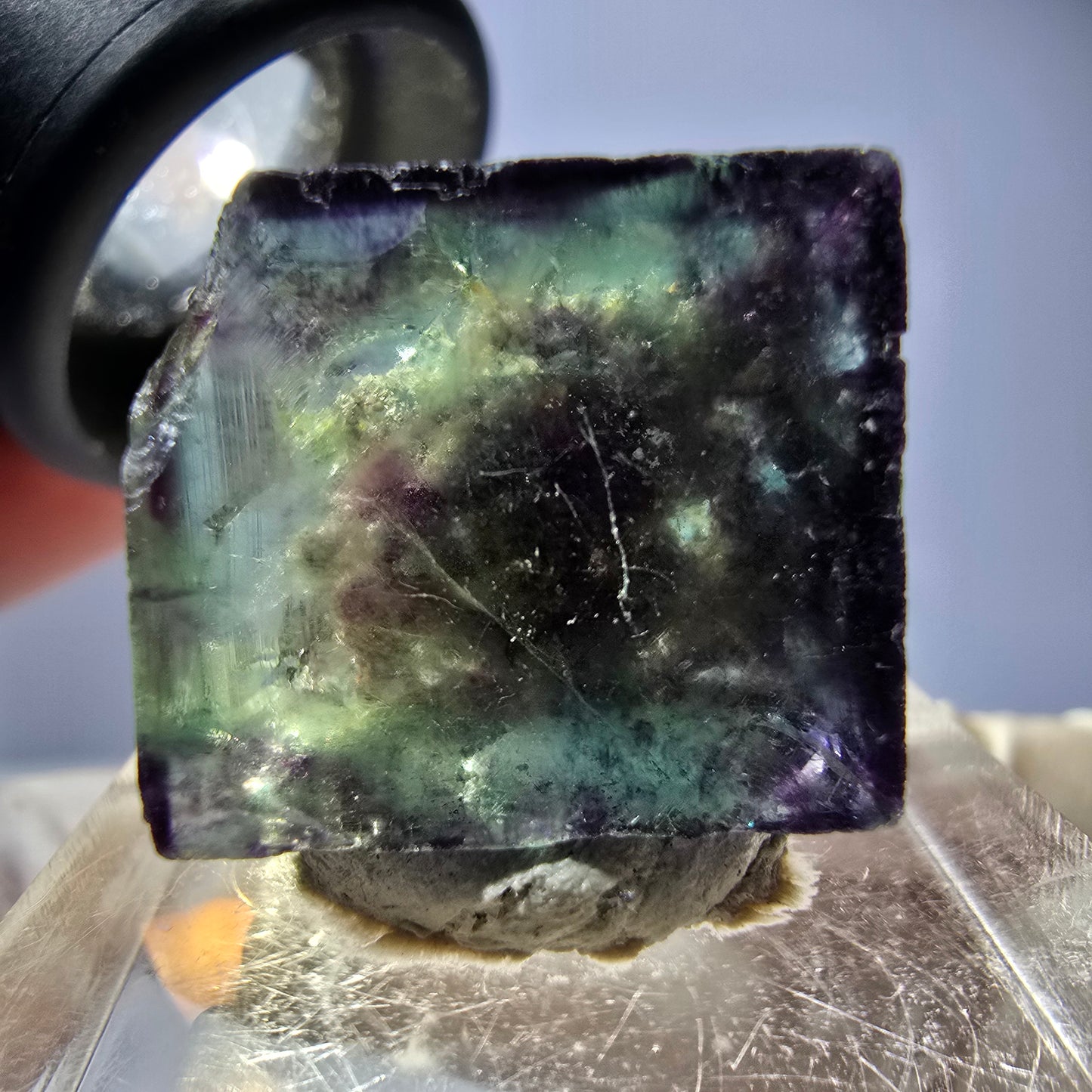 Cube de fluorite fantôme transparente, vert violet, Okorusu, Namibie, 18 x 16 x 15 mm 
