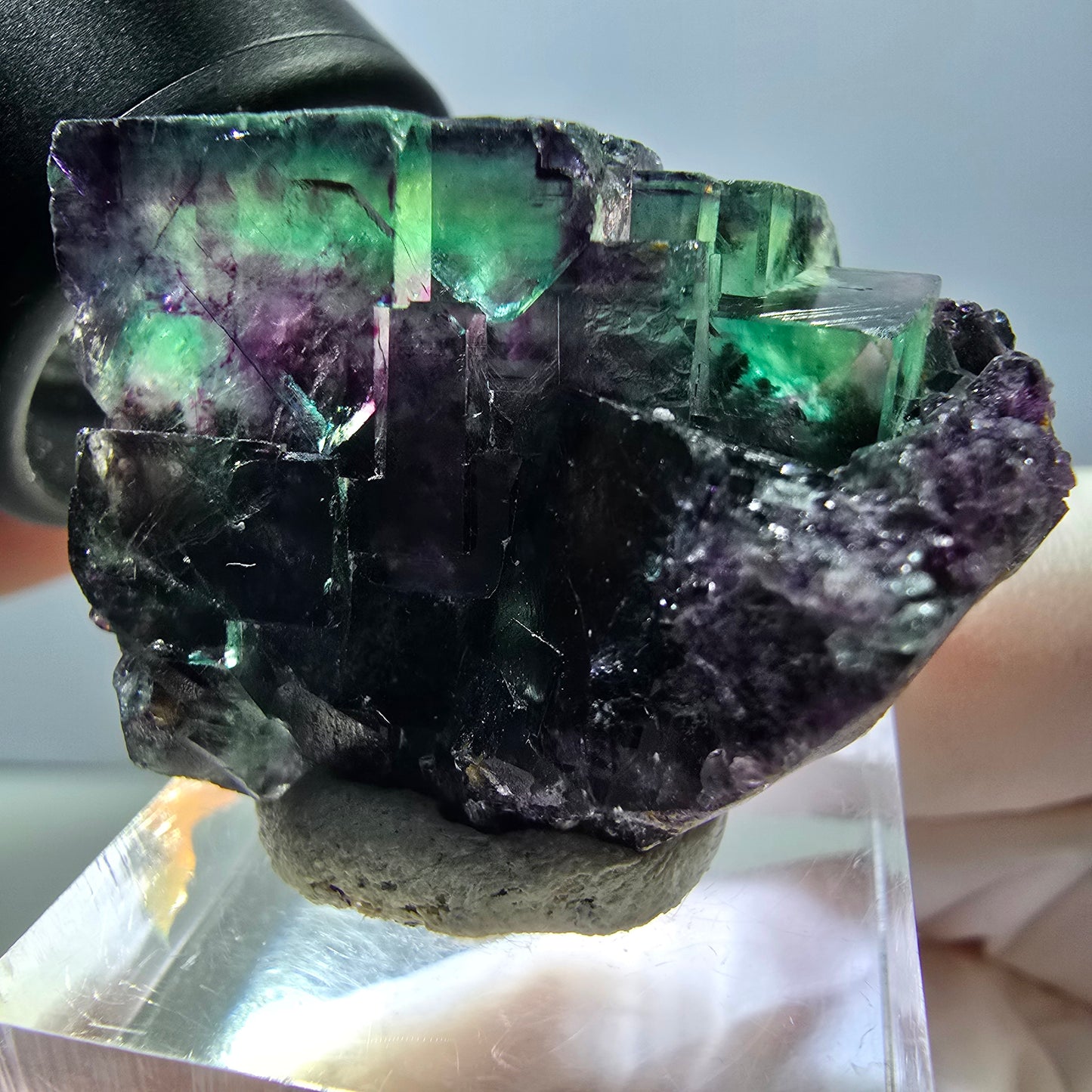 Spécimen rare de cube de fluorite fantôme, vert-violet, Okorusu, Namibie, 37 x 24 x 20 mm 