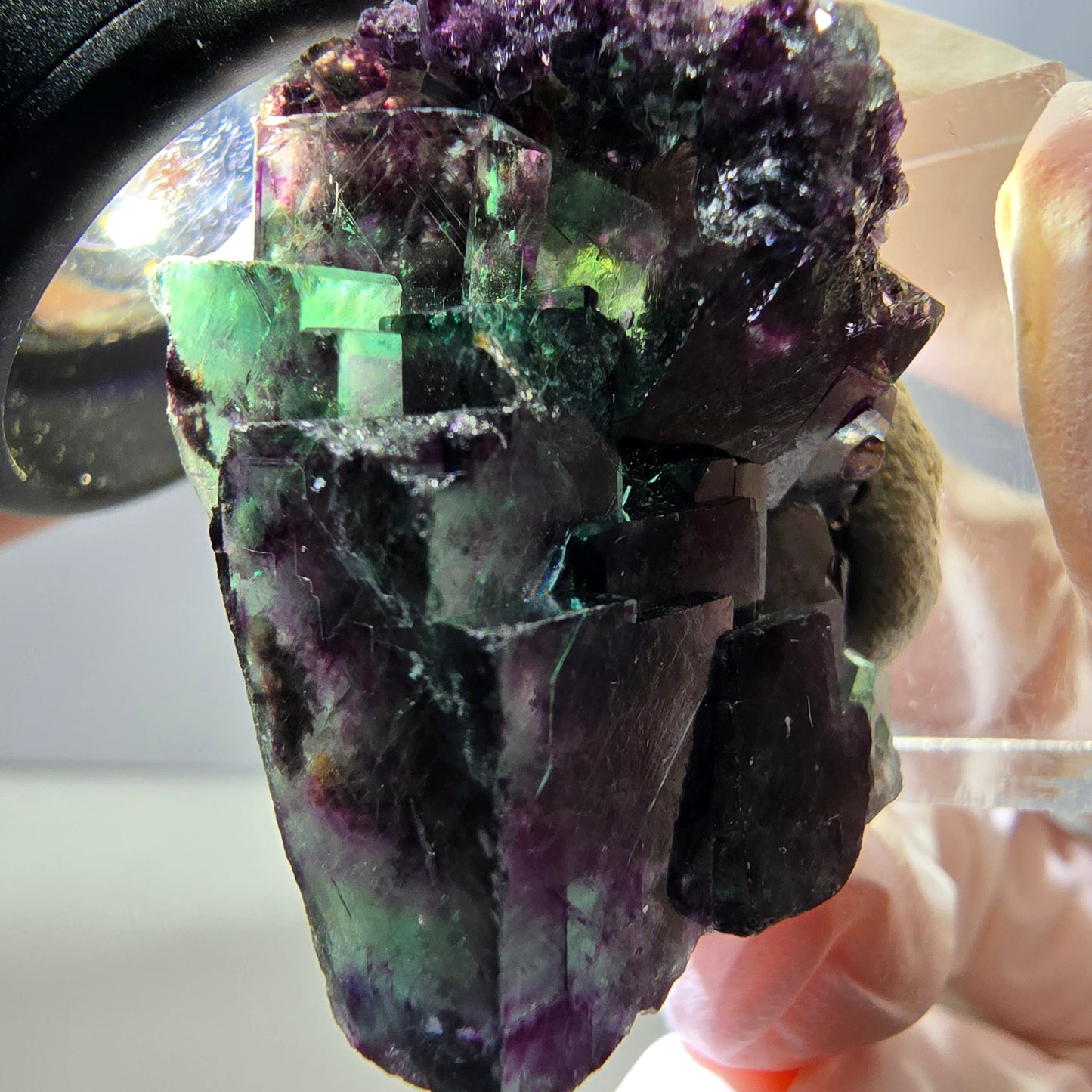 Spécimen rare de cube de fluorite fantôme, vert-violet, Okorusu, Namibie, 37 x 24 x 20 mm 