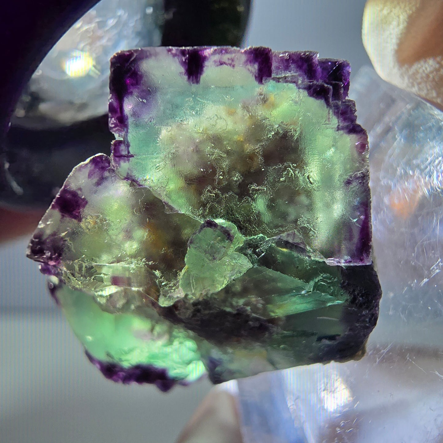 Rare spécimen de cube de fluorite fantôme, vert-violet, Okorusu, Namibie, 28 x 21 x 15 mm 