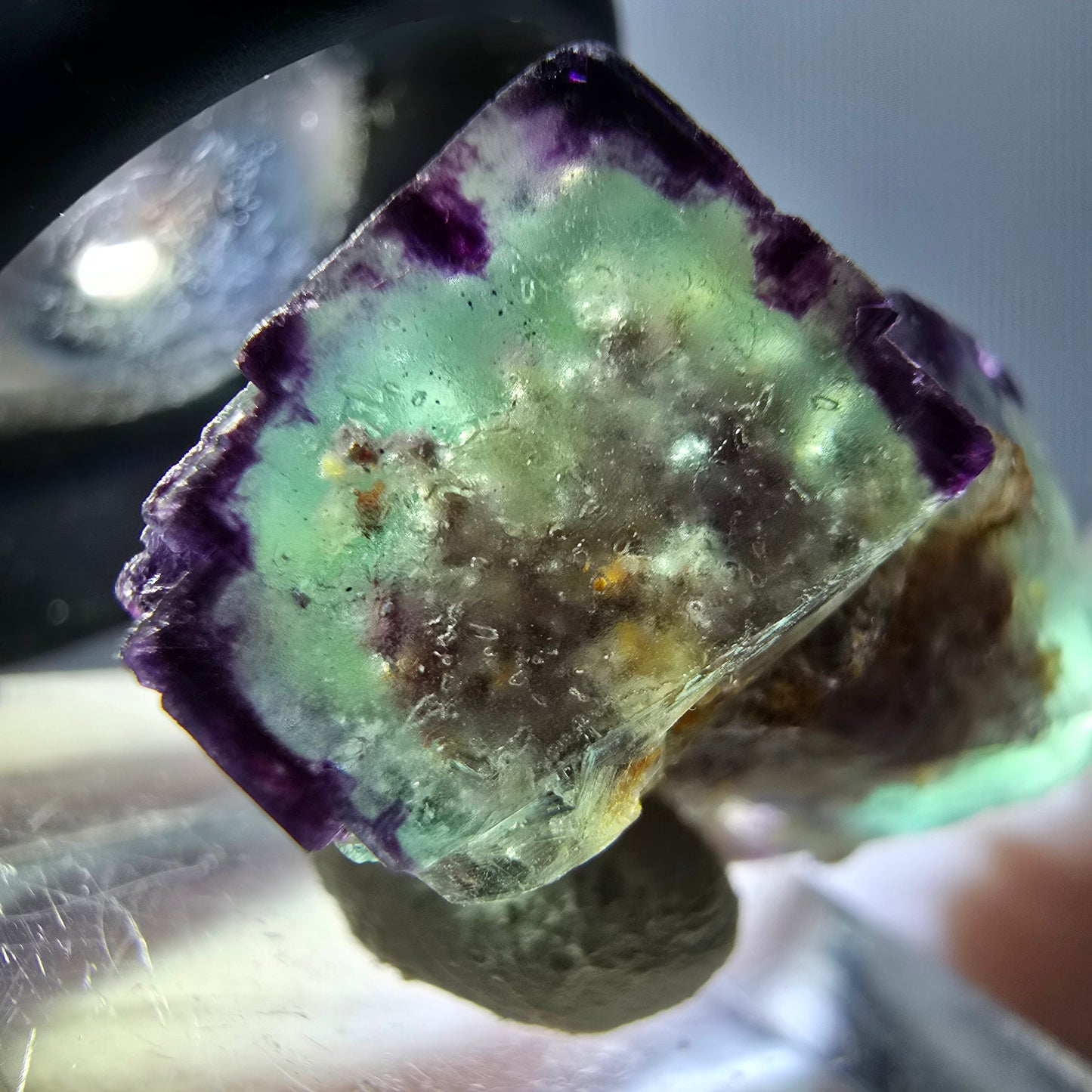 Rare spécimen de cube de fluorite fantôme, vert-violet, Okorusu, Namibie, 28 x 21 x 15 mm 