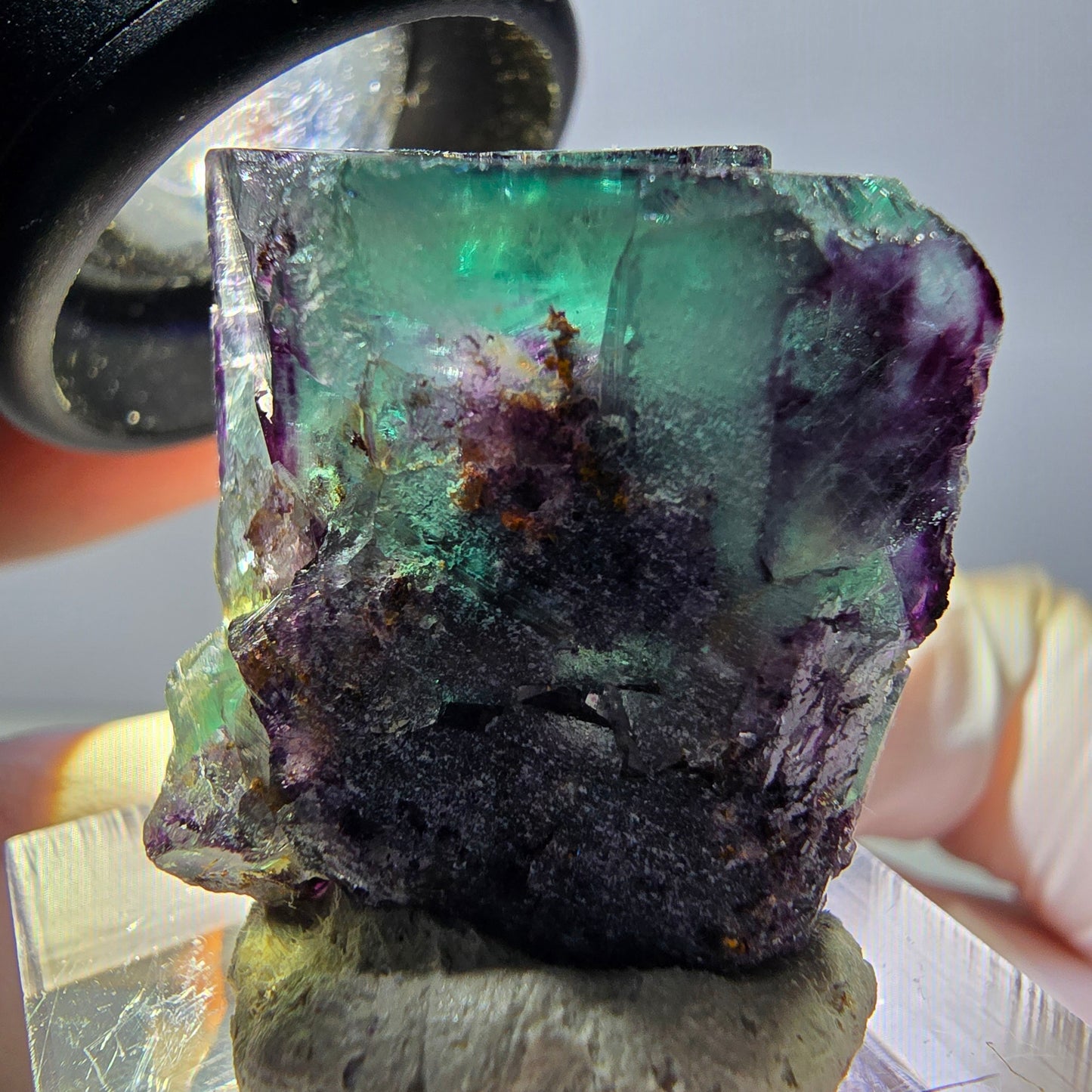 Spécimen rare de cube de fluorite fantôme, vert-violet, Okorusu, Namibie, 27 x 25 x 19 mm 