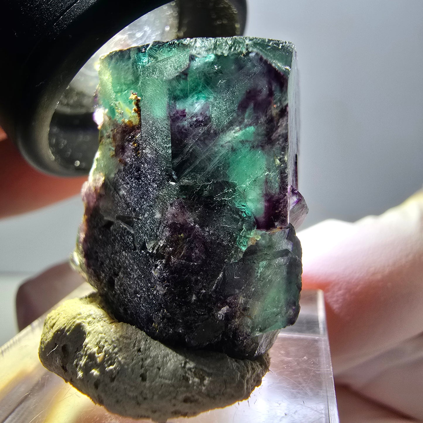 Spécimen rare de cube de fluorite fantôme, vert-violet, Okorusu, Namibie, 27 x 25 x 19 mm 