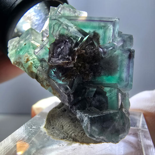 Spécimen rare de cube de fluorite fantôme, vert-violet, Okorusu, Namibie, 37 x 22 x 21 mm 