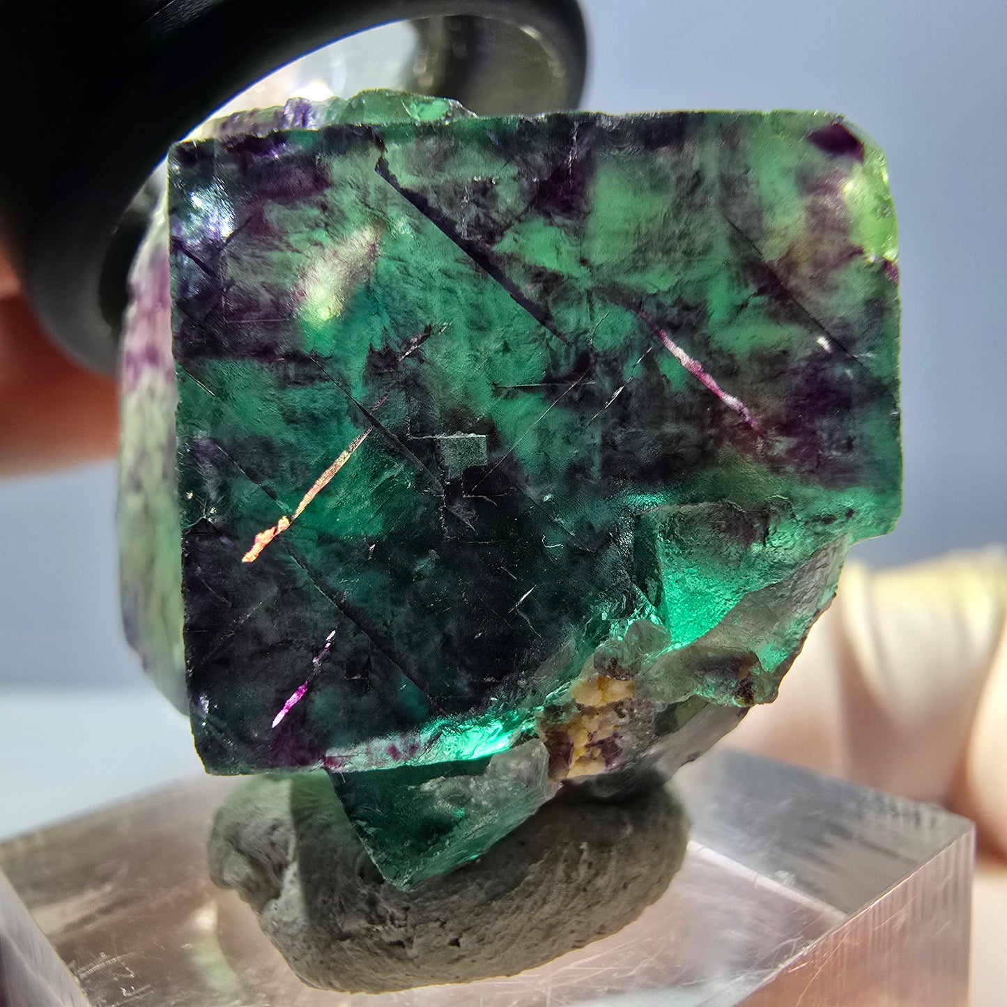 Spécimen rare de cube de fluorite fantôme, vert-violet, Okorusu, Namibie, 36 x 28 x 20 mm 
