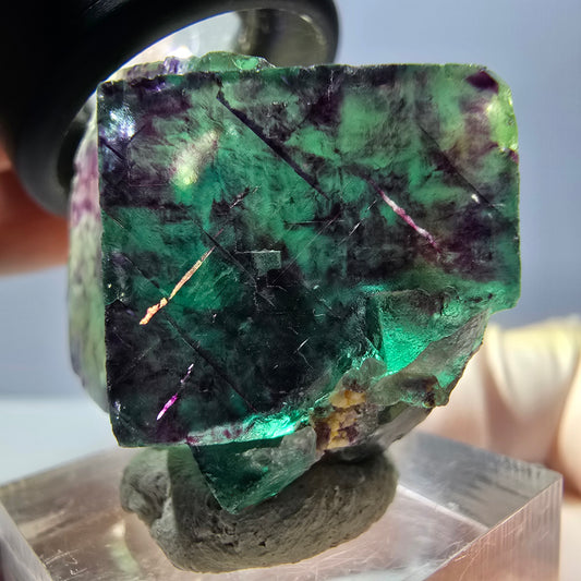 Spécimen rare de cube de fluorite fantôme, vert-violet, Okorusu, Namibie, 36 x 28 x 20 mm 