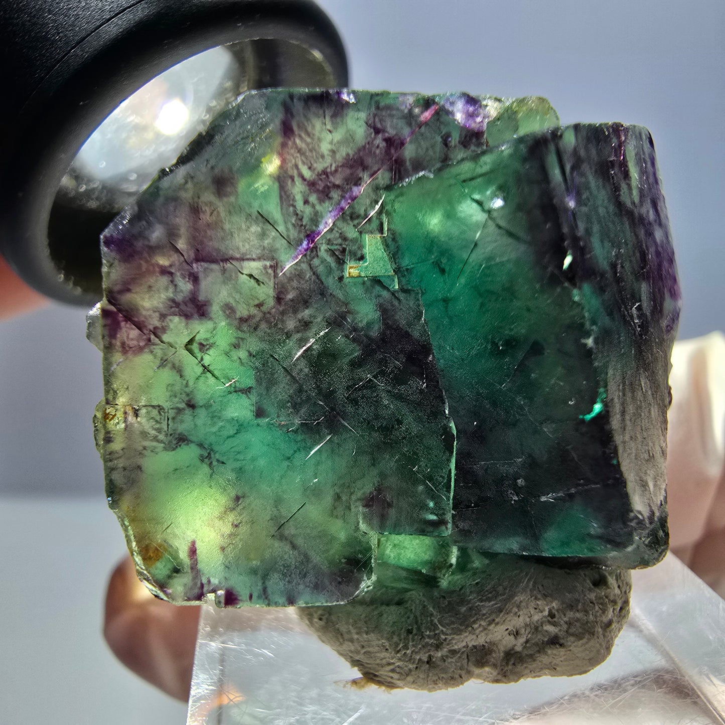 Spécimen rare de cube de fluorite fantôme, vert-violet, Okorusu, Namibie, 36 x 28 x 20 mm 