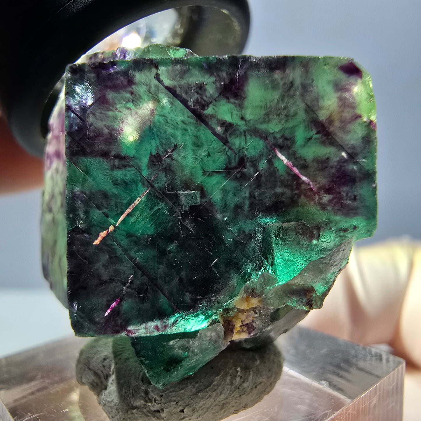 Spécimen rare de cube de fluorite fantôme, vert-violet, Okorusu, Namibie, 36 x 28 x 20 mm 