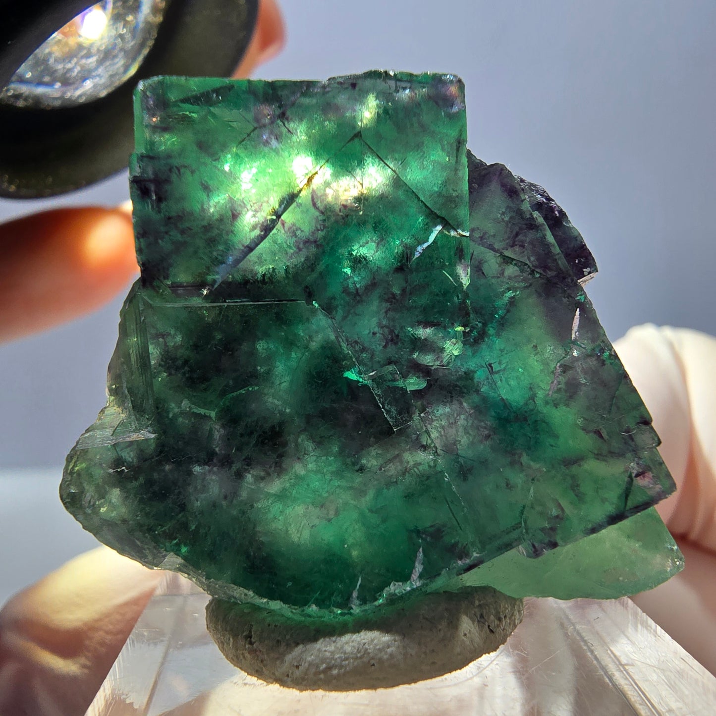 Spécimen rare de cube de fluorite fantôme, vert-violet, Okorusu, Namibie, 33 x 32 x 16 mm 
