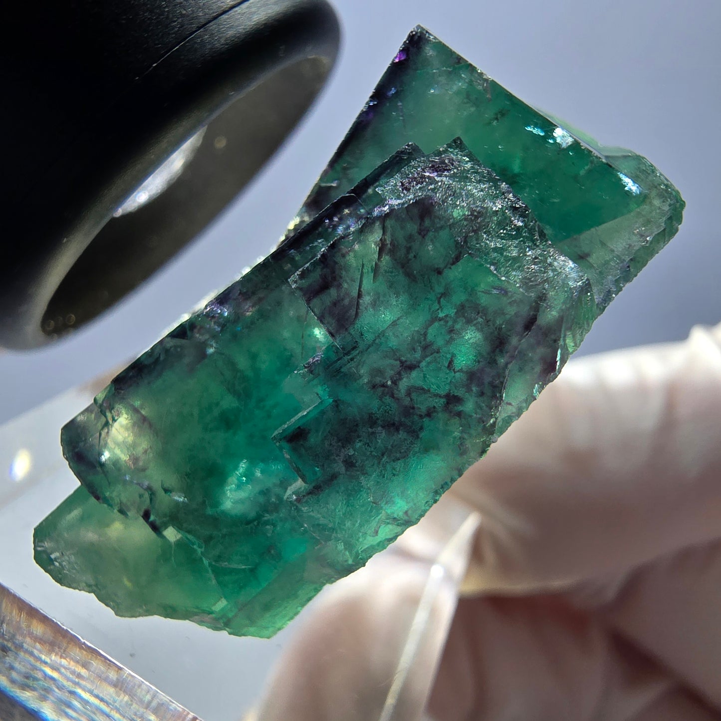 Spécimen rare de cube de fluorite fantôme, vert-violet, Okorusu, Namibie, 33 x 32 x 16 mm 