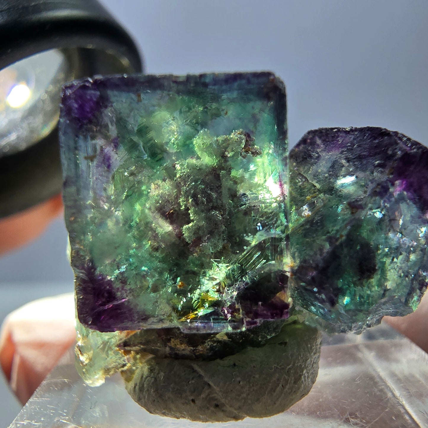 Spécimen rare de cube de fluorite fantôme, vert-violet, Okorusu, Namibie, 28 x 20 x 18 mm 