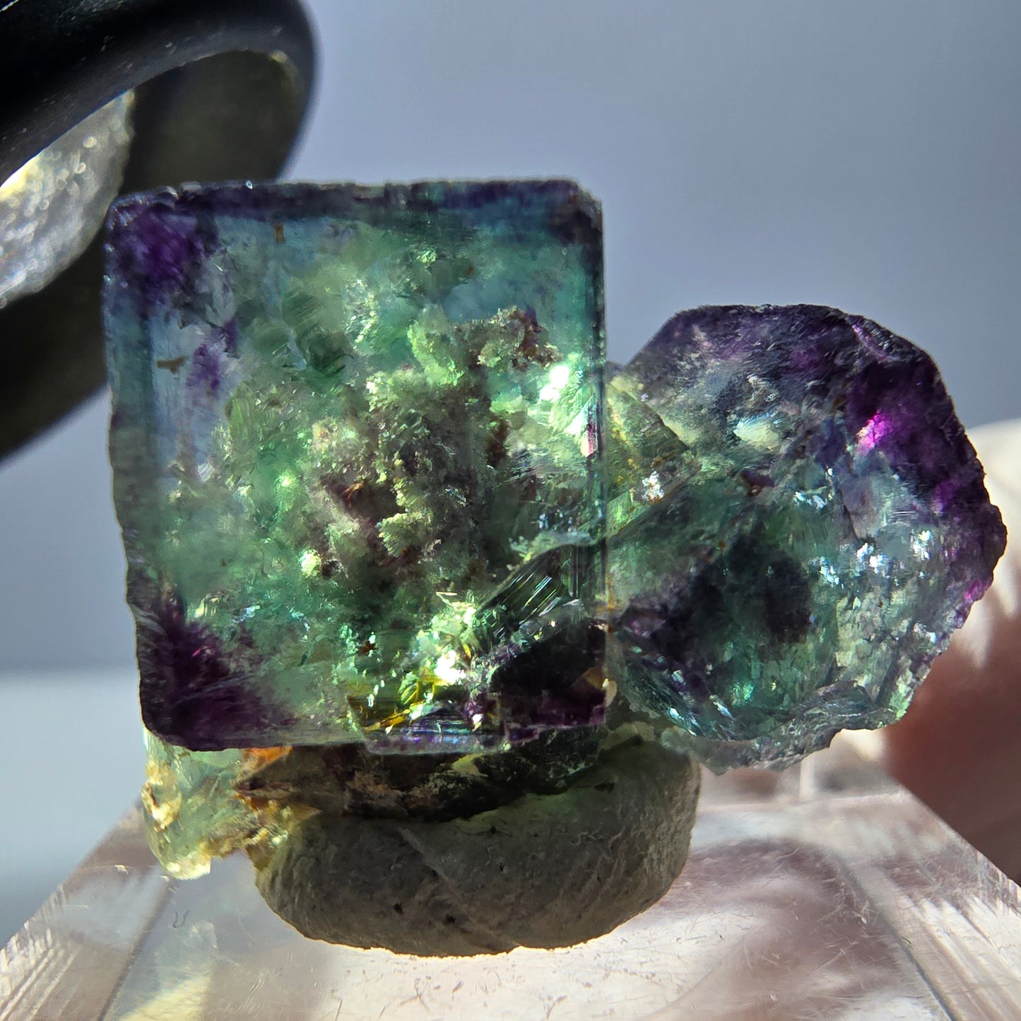 Spécimen rare de cube de fluorite fantôme, vert-violet, Okorusu, Namibie, 28 x 20 x 18 mm 