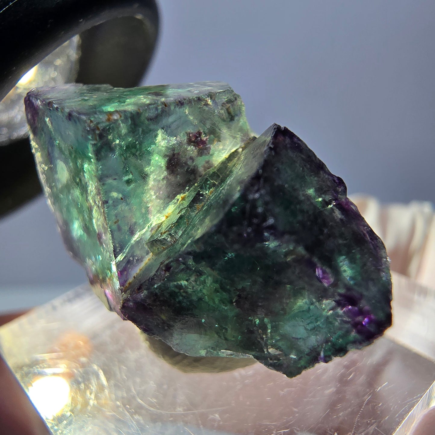 Spécimen rare de cube de fluorite fantôme, vert-violet, Okorusu, Namibie, 28 x 20 x 18 mm 
