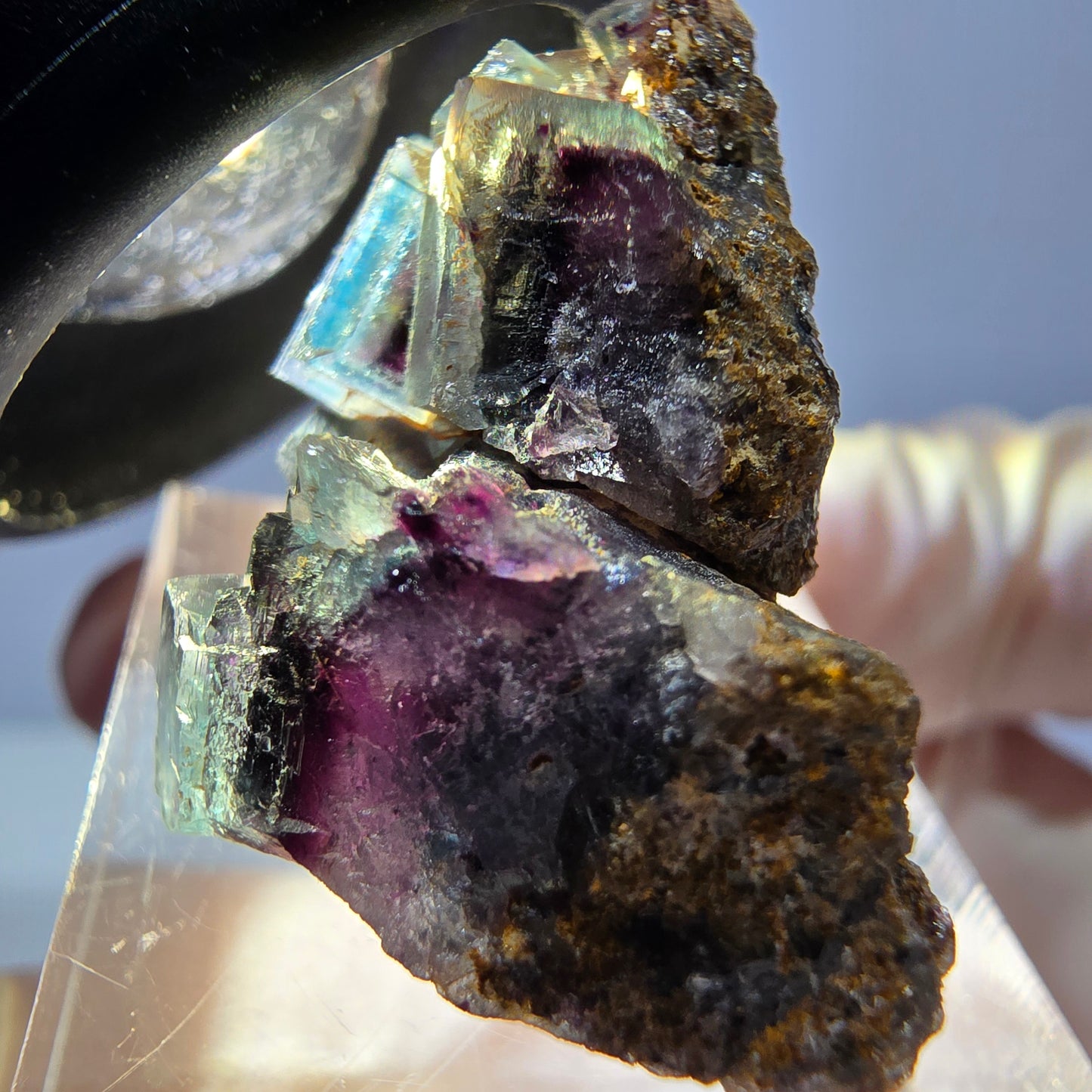 Spécimen rare de cube de fluorite fantôme, vert-violet, Okorusu, Namibie, 34 x 25 x 16 mm 
