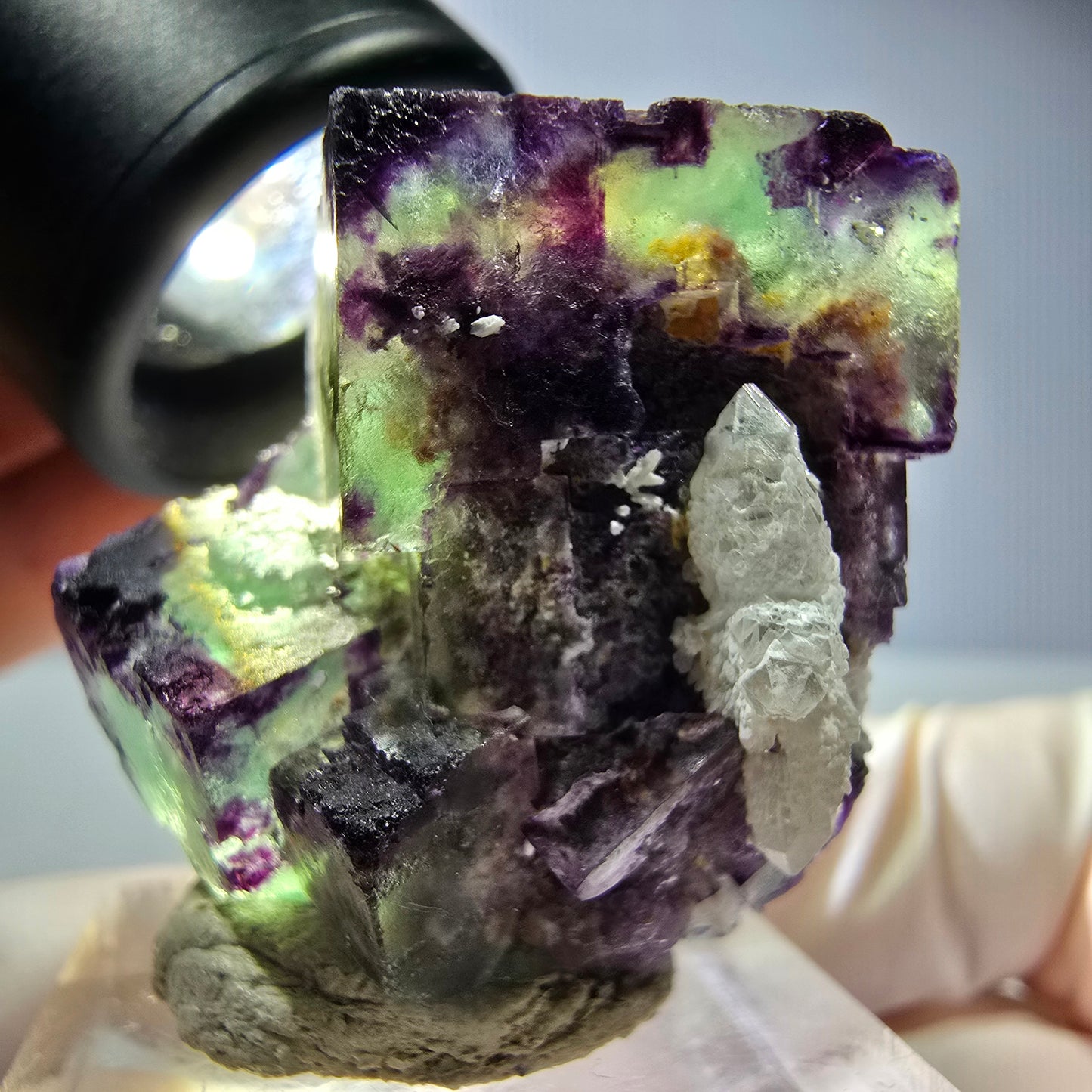 Phantom Fluorit Würfel, Quarz Stufe, grün lila Okorusu, Namibia 32*29*27mm
