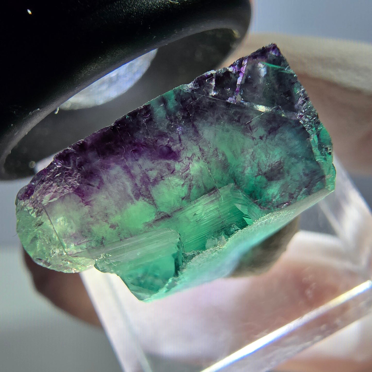 Klarer Phantom Fluorit Würfel, grün lila Okorusu, Namibia 19*18*11mm