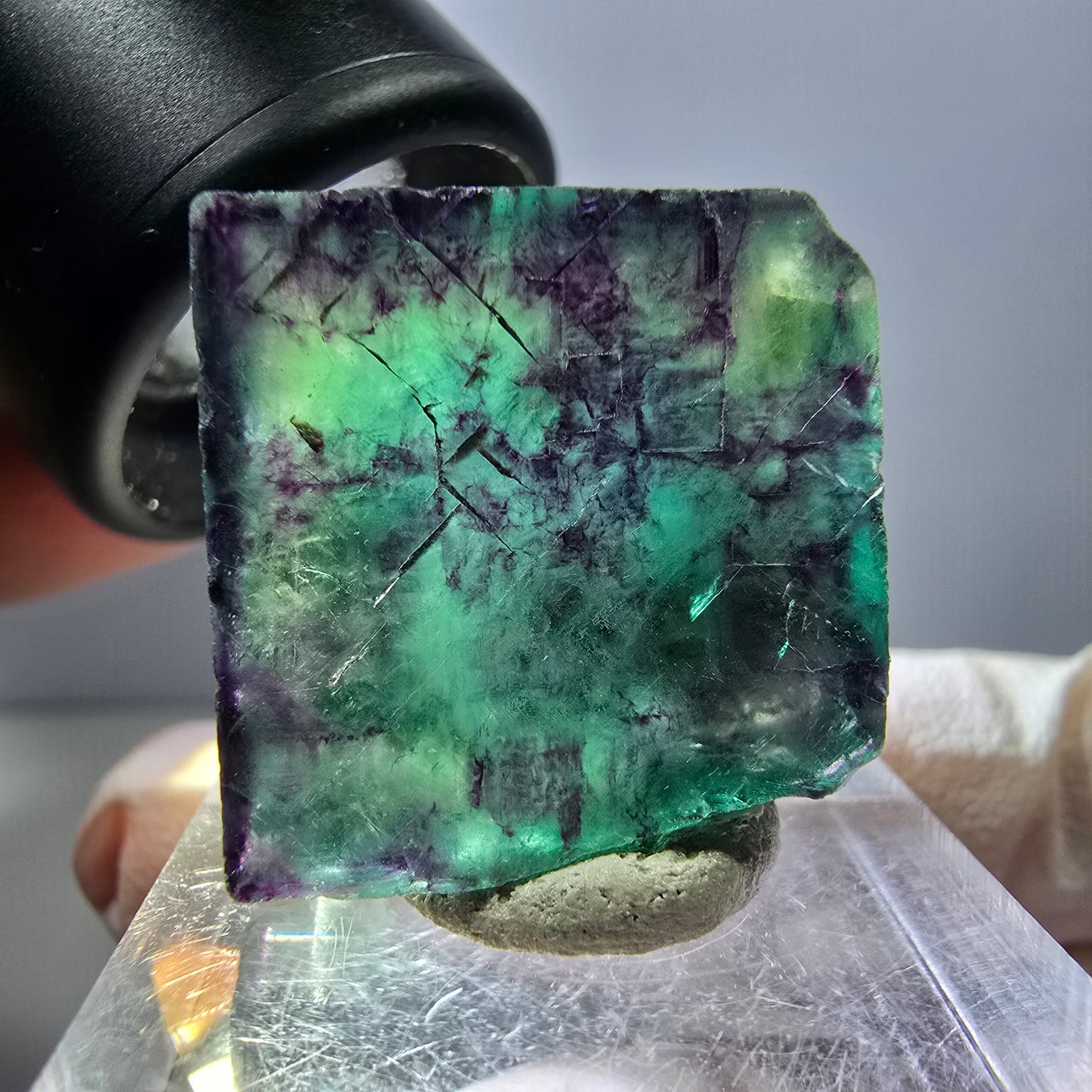 Klarer Phantom Fluorit Würfel, grün lila Okorusu, Namibia 21*21*13mm