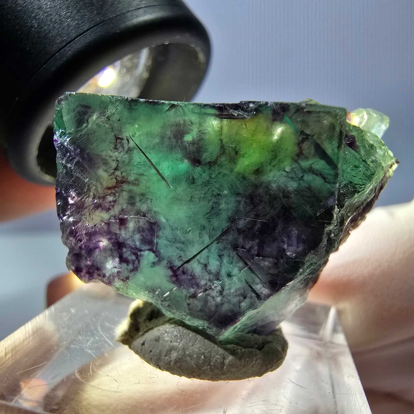 Klarer Phantom Fluorit Würfel, grün lila Okorusu, Namibia 28*23*15mm