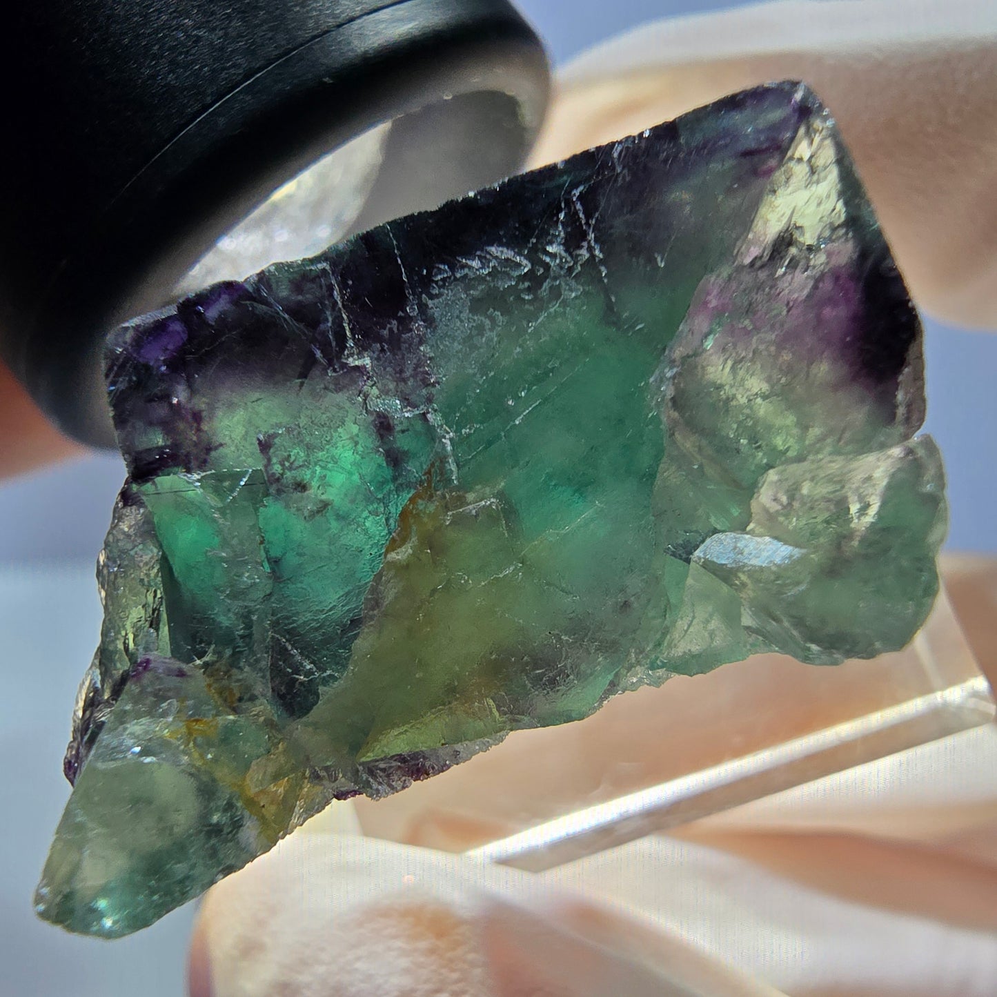 Klarer Phantom Fluorit Würfel, grün lila Okorusu, Namibia 28*23*15mm
