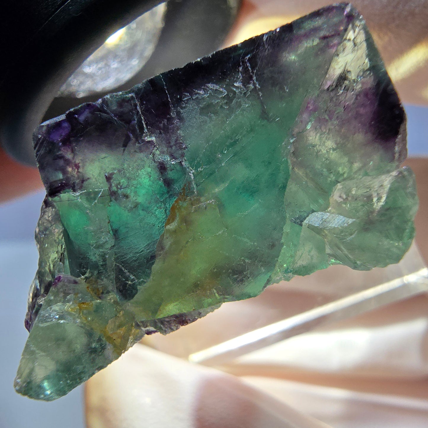 Klarer Phantom Fluorit Würfel, grün lila Okorusu, Namibia 28*23*15mm