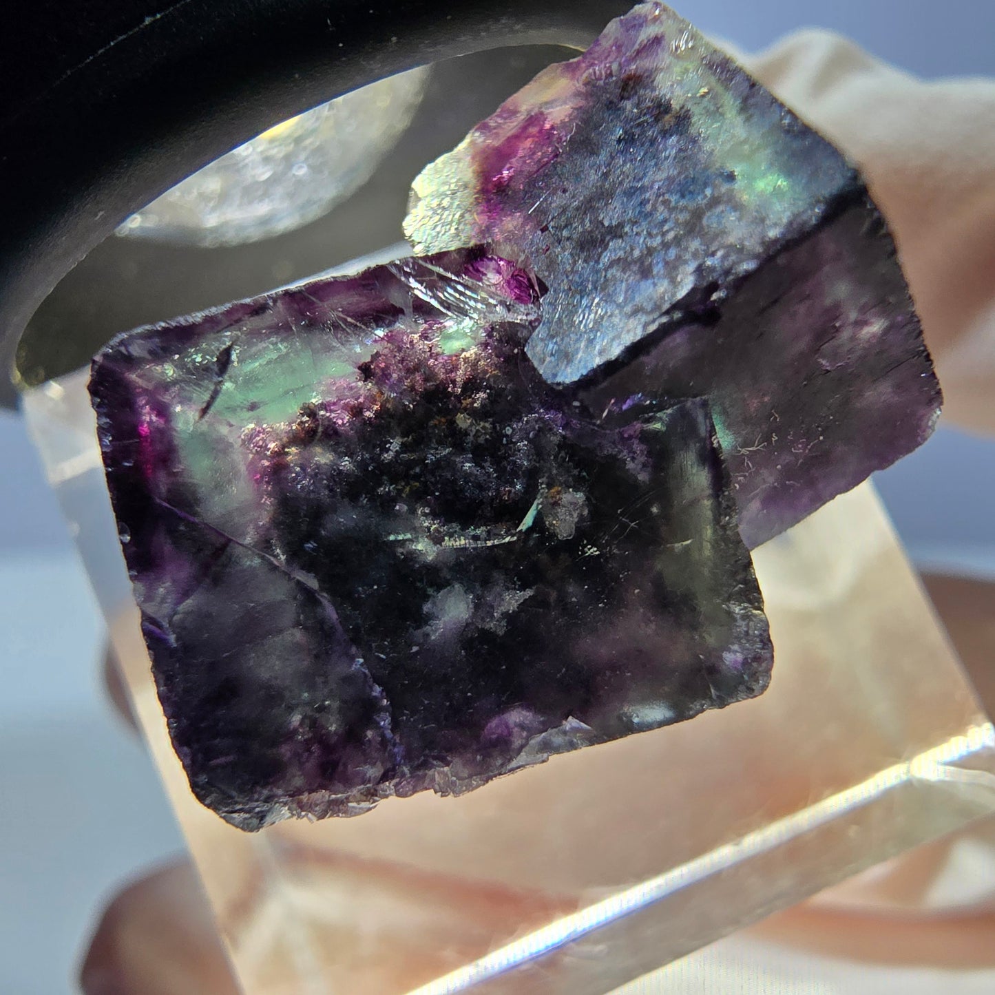 Klarer Phantom Fluorit Würfel, grün lila Okorusu, Namibia 23*15*16mm
