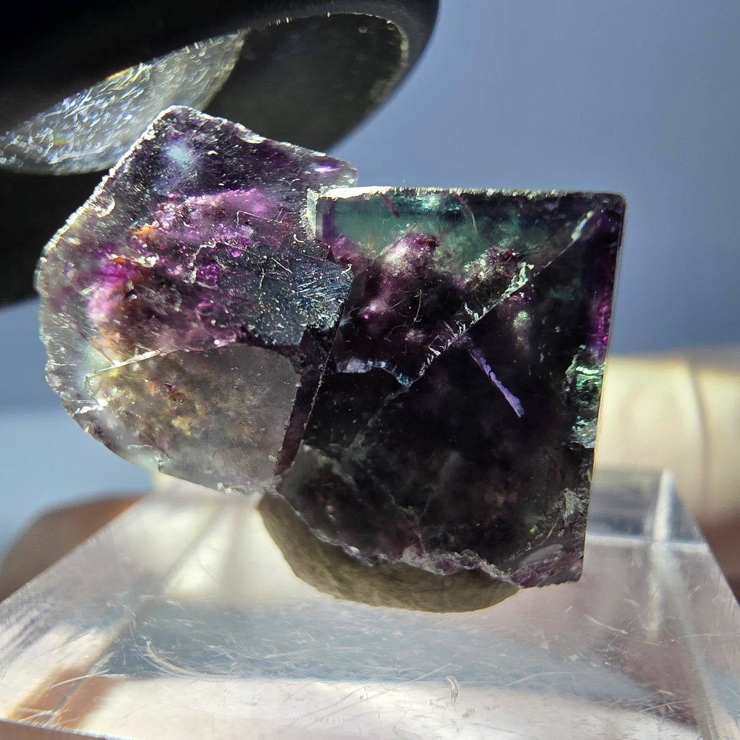 Klarer Phantom Fluorit Würfel, grün lila Okorusu, Namibia 23*15*16mm