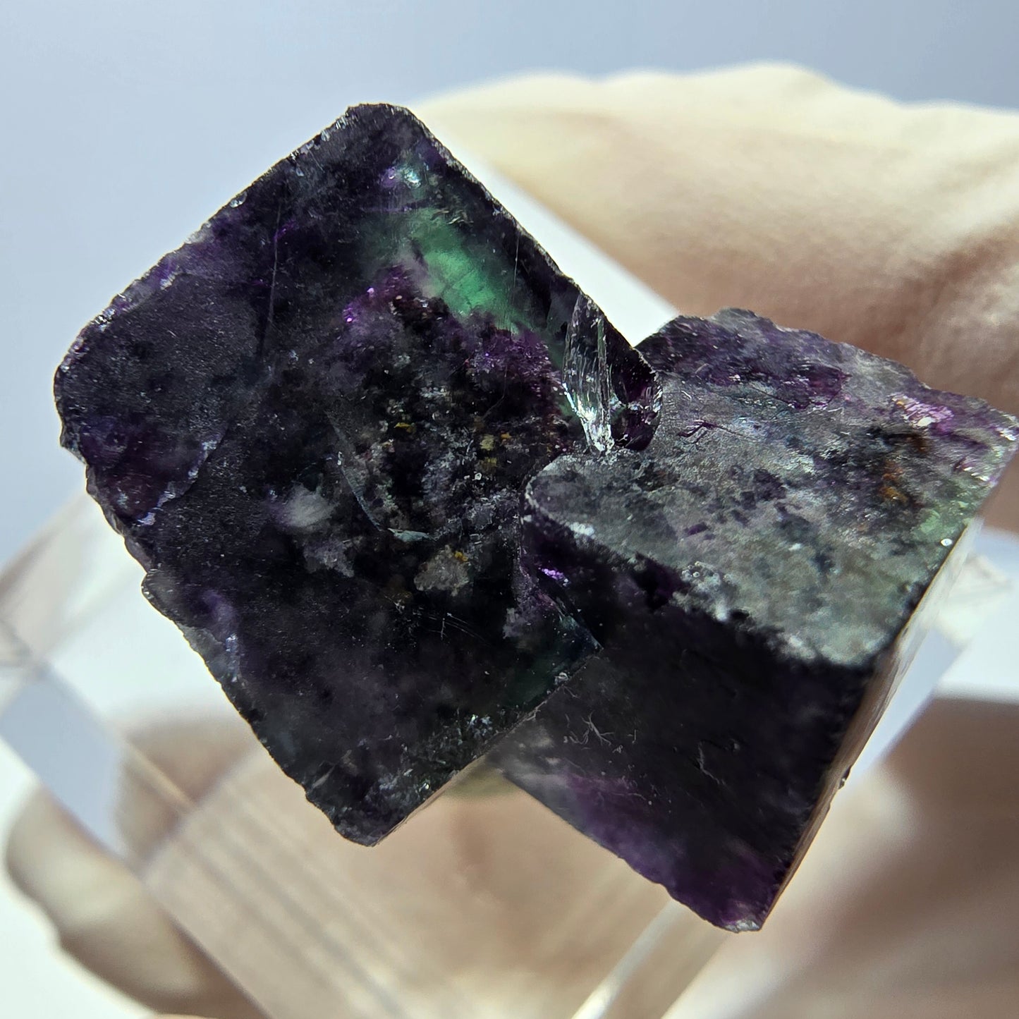 Klarer Phantom Fluorit Würfel, grün lila Okorusu, Namibia 23*15*16mm