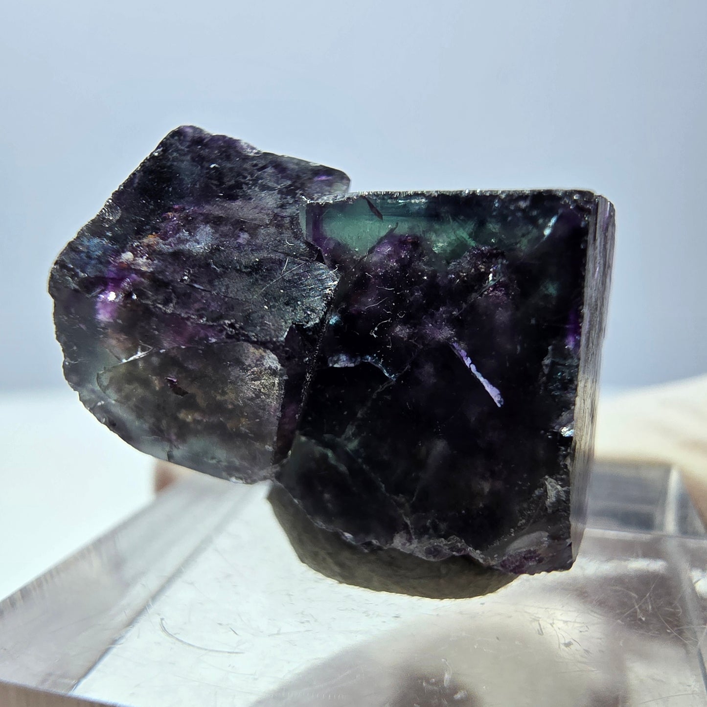 Klarer Phantom Fluorit Würfel, grün lila Okorusu, Namibia 23*15*16mm