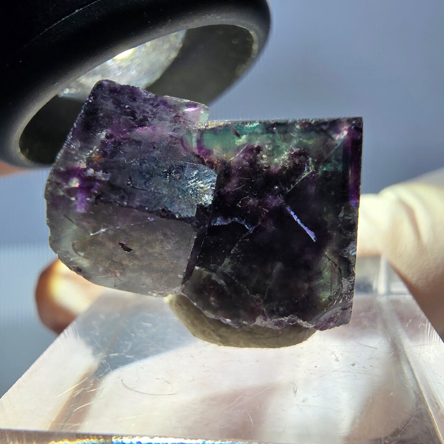 Klarer Phantom Fluorit Würfel, grün lila Okorusu, Namibia 23*15*16mm