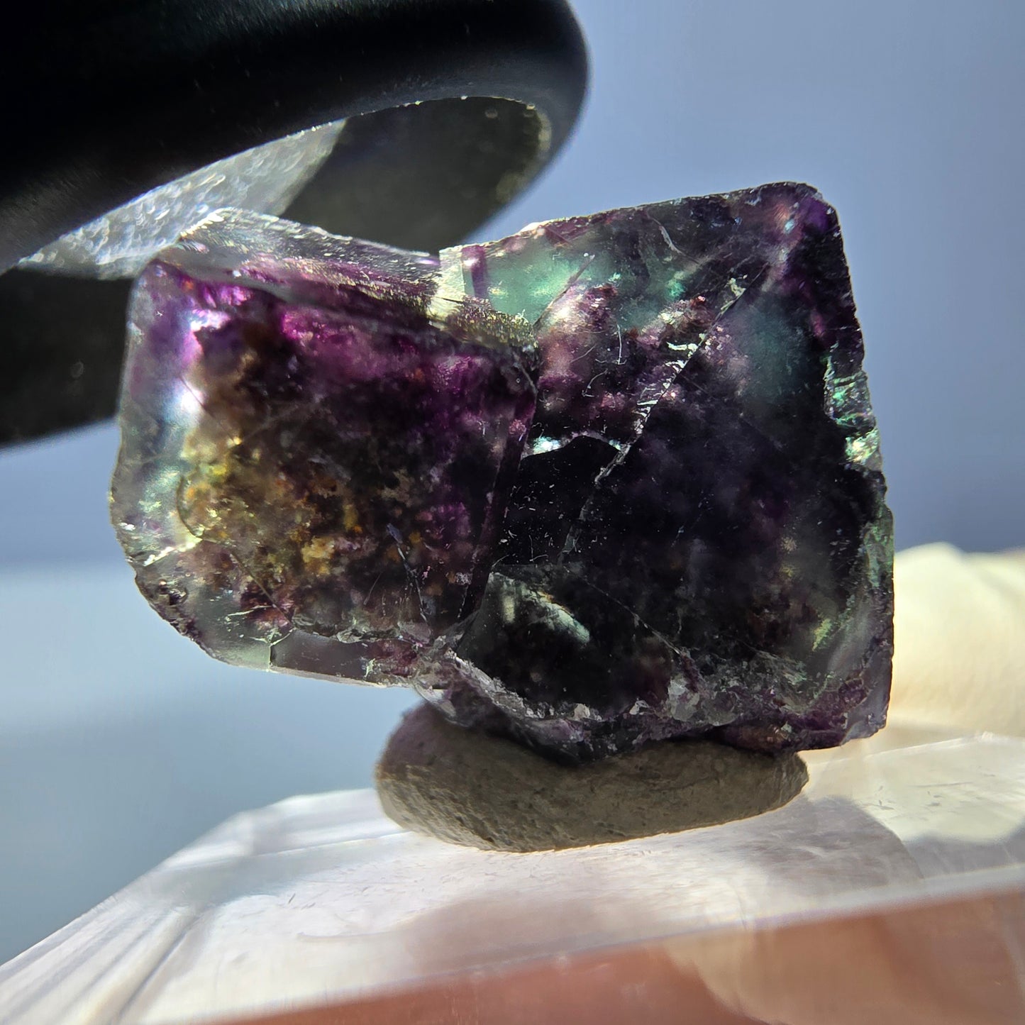 Klarer Phantom Fluorit Würfel, grün lila Okorusu, Namibia 23*15*16mm