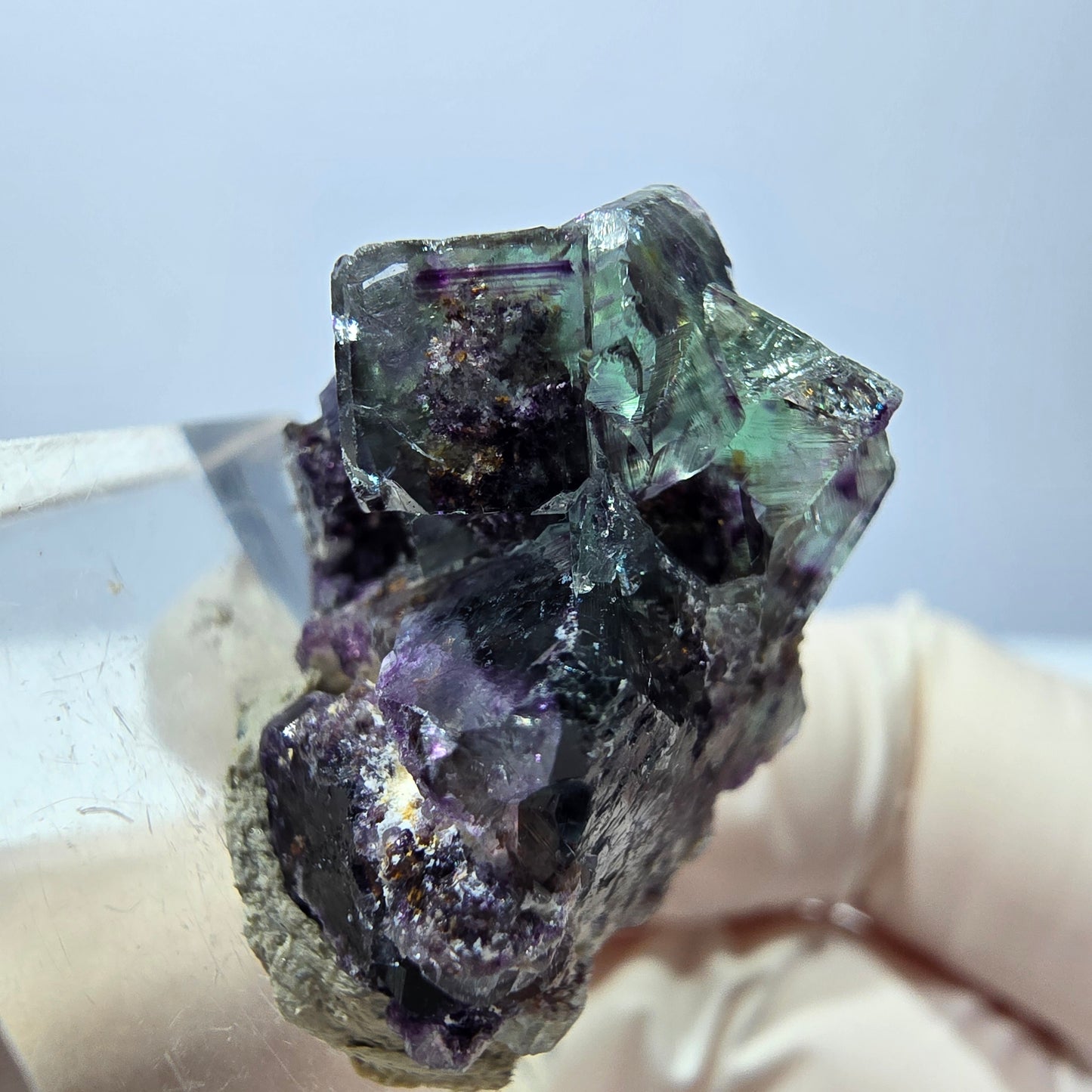 Klarer Phantom Fluorit Würfel, grün lila Okorusu, Namibia 24*19*16mm