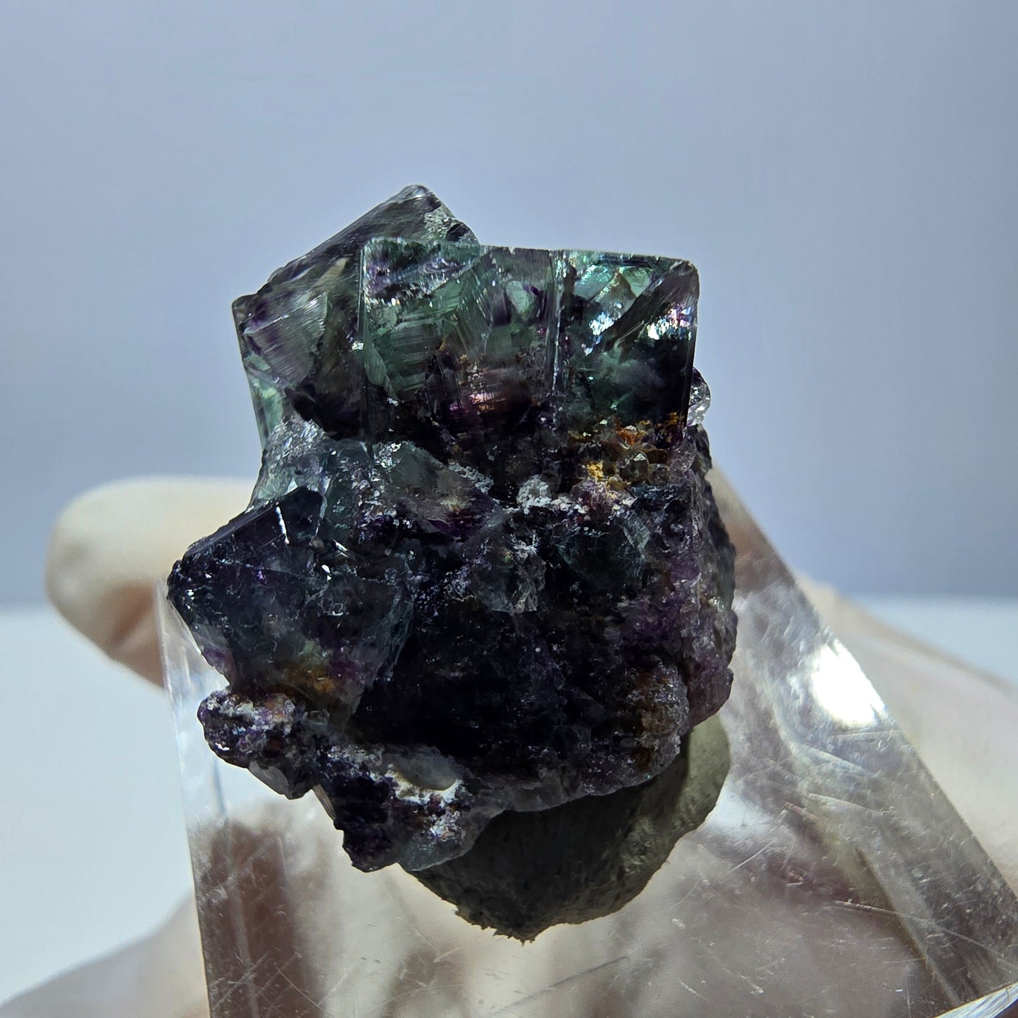 Klarer Phantom Fluorit Würfel, grün lila Okorusu, Namibia 24*19*16mm