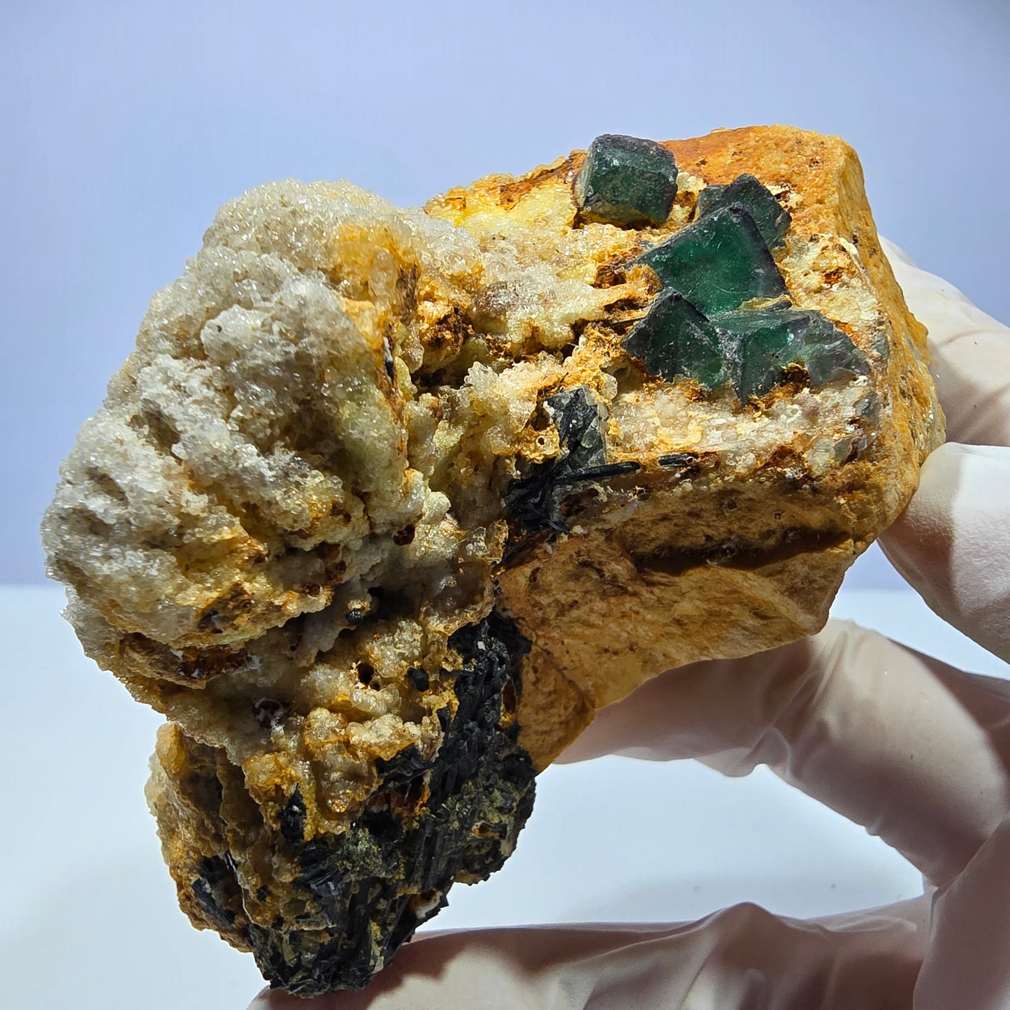 Große Fluorit, Hyalit Opal, Orthoklas, Schörl Turmalin Stufe Erongo, Namibia 91*59*52mm