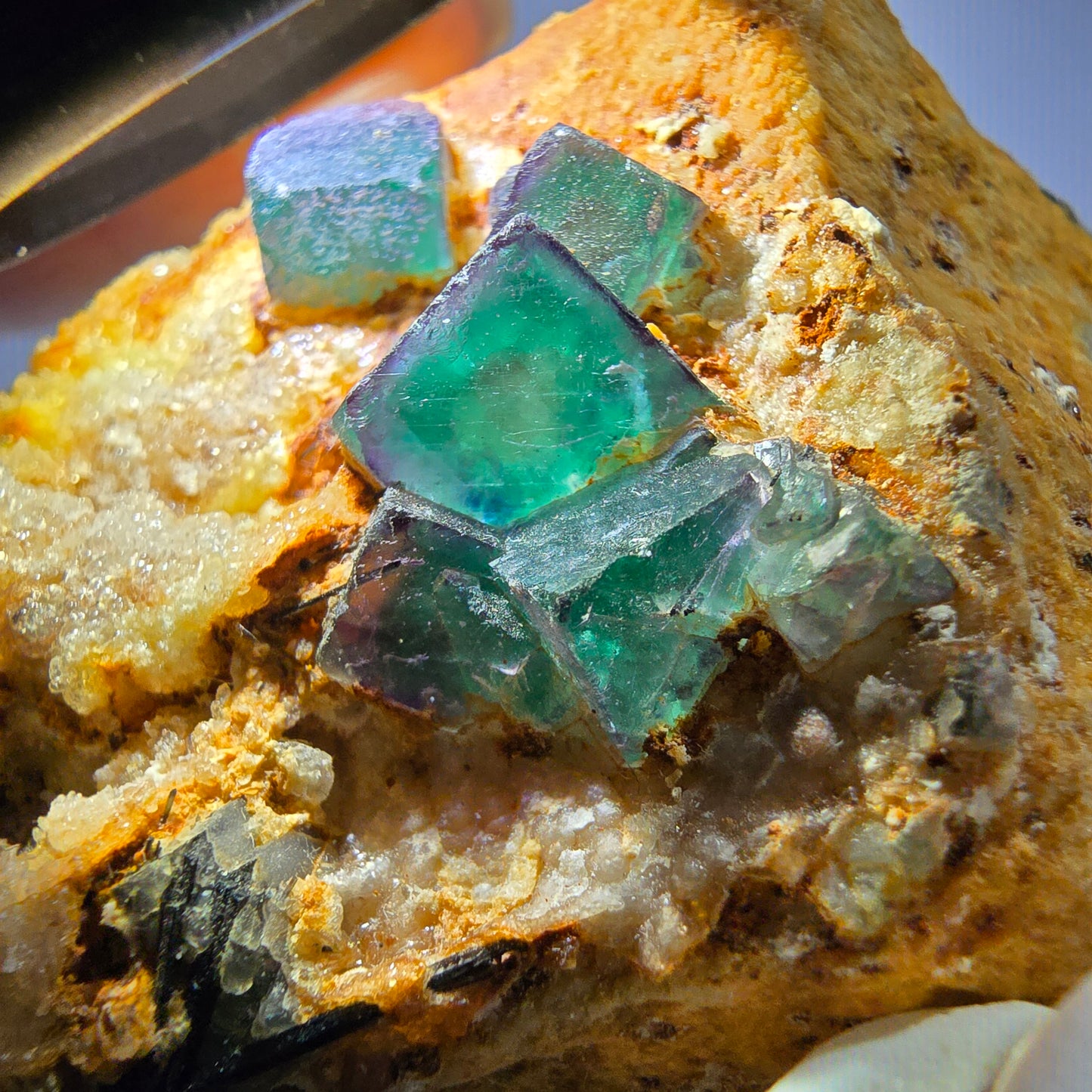 Große Fluorit, Hyalit Opal, Orthoklas, Schörl Turmalin Stufe Erongo, Namibia 91*59*52mm